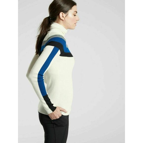 Athleta Small Brookshire Colorblock Ribbed Turtleneck Sweater Blue White Black - Picture 4 of 13